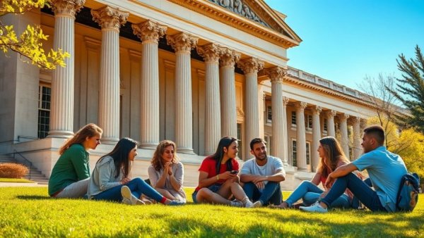 Students discussing on MIT campus lawn for Universal Learning Initiative.
