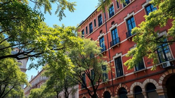 Branch-covered historic building in East Village, sunny day.