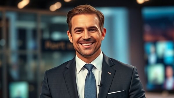 News anchor delivering broadcast in a modern studio.