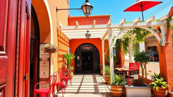 Café Mogador Moroccan Cuisine entrance under sunny sky.