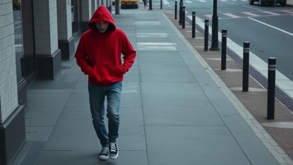 Urban surveillance image of person walking in city.
