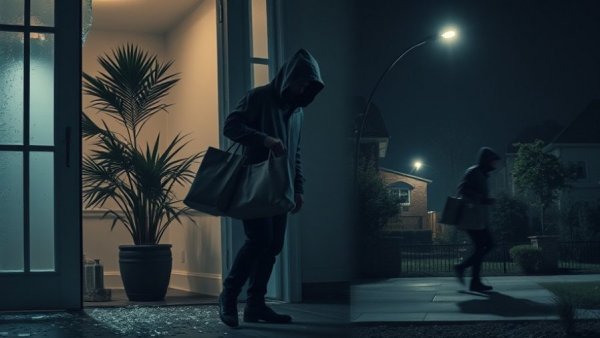Scene depicting organized residential burglaries in Los Angeles with broken door and suspect.