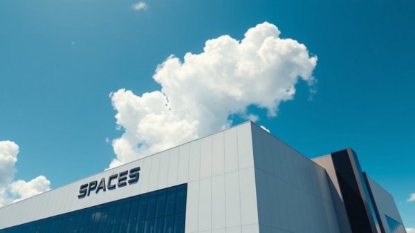 SpaceX building under a blue sky, SpaceX IPO concept.