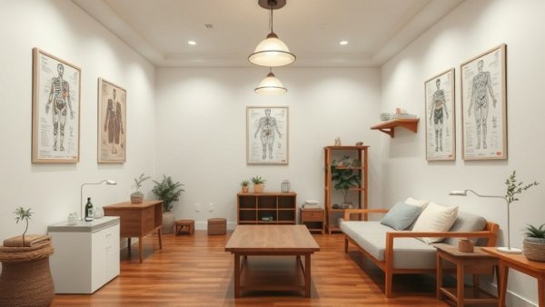 Community acupuncture room with modern and traditional decor.