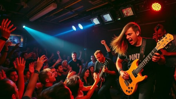 Dynamic punk rock band performing energetically on stage in a club setting.