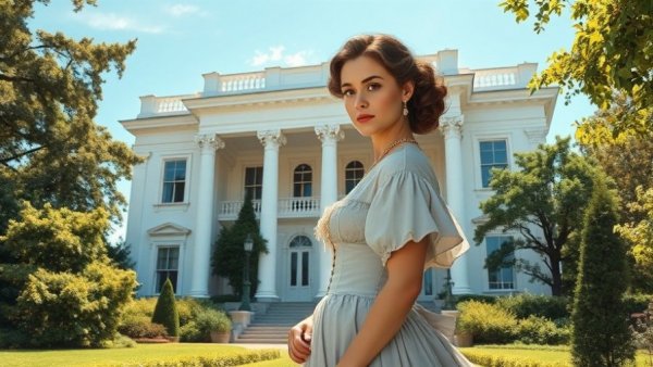 Eliza Jumel in front of her historic mansion with classical columns.