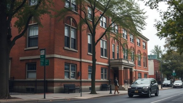 Classic school building in Manhattan with parked car