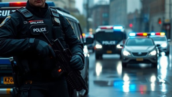 Police officer guarding area with police SUVs on a rainy day.