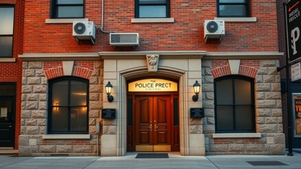 Classic brick police precinct entrance at night, calm setting.