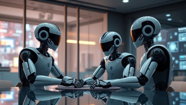Futuristic robots discussing delegation problem in AI setting