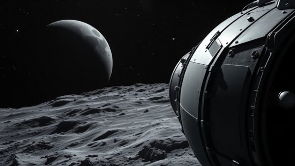 Detailed spacecraft orbiting Moon, illustrating NASA Moon Base Project.