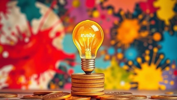 AI Investment Returns: Lightbulb above coins in abstract art.