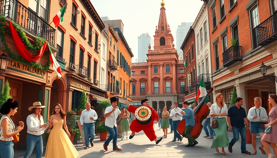 Festive scene in Italian Harlem, New York, with historical charm.