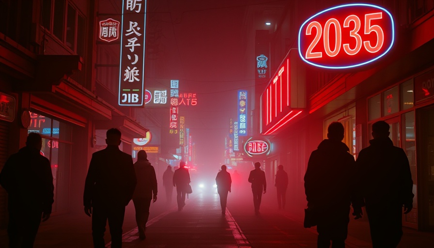 Futuristic street scene in 2035 with silhouettes and neon glow, AGI by 2035.