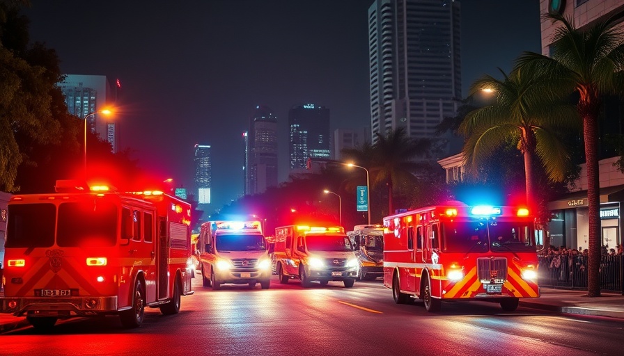 Emergency response at night scene with flashing lights, Florida ferry collision