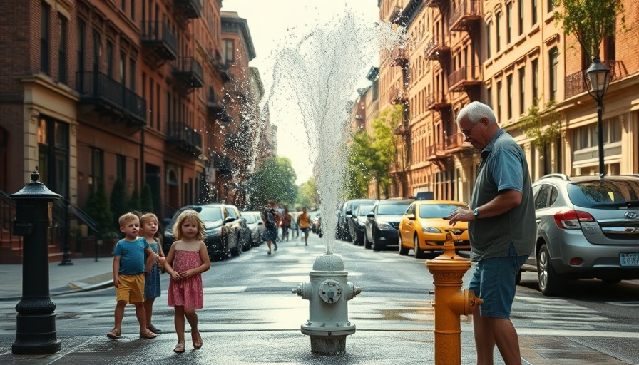 New York street scene with kids playing in fire hydrant, summer fun.