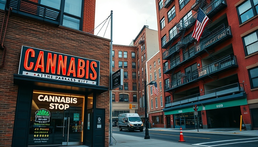 Urban street scene in Chelsea with cannabis store and parking.