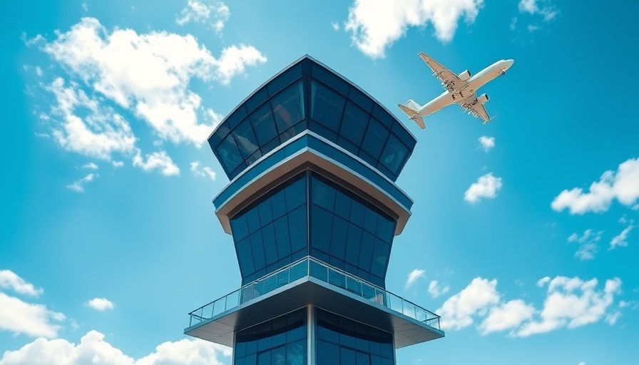 Modern airport control tower with airplane; East Coast flight cancellations context.