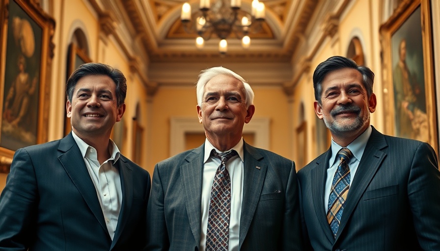 Three men in suits discussing Trump megabill Senate passage, grand hallway background.