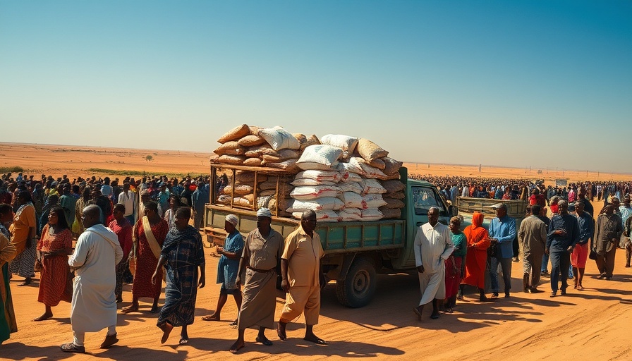 People gather around a truck with aid sacks on a sandy road.