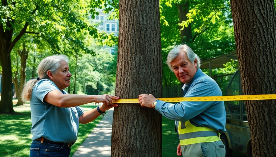 NYC tree census volunteers measuring tree in park.
