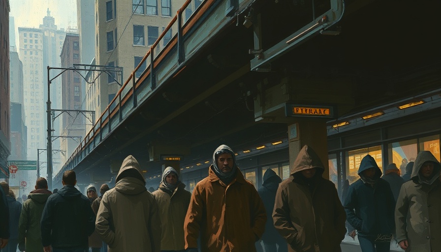 Impressionistic painting of faceless men under Third Avenue El tracks, dim lighting