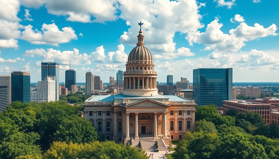 Texas State Capitol with cityscape background amid redistricting showdown.