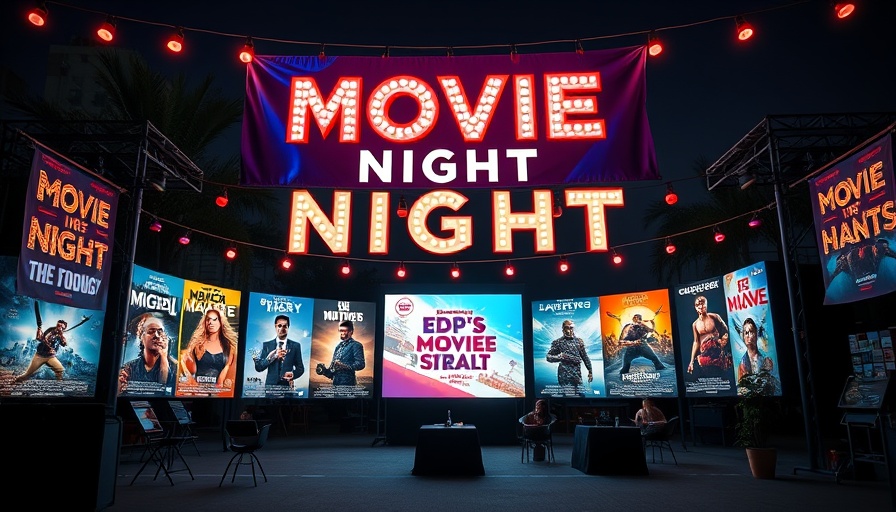 Colorful banner with film posters for movie nights at Bella Abzug Park.