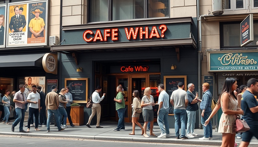 Historic Café Wha? entrance with people outside.