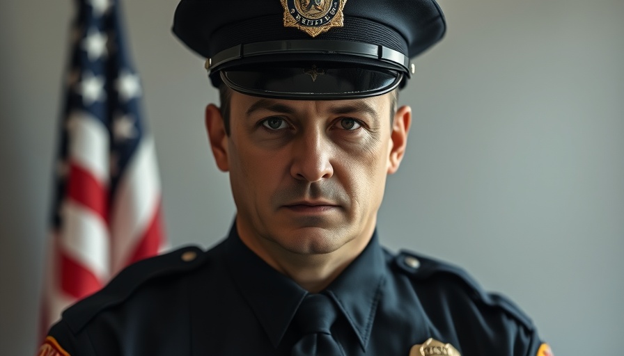 Solemn police officer in uniform with American flag background.