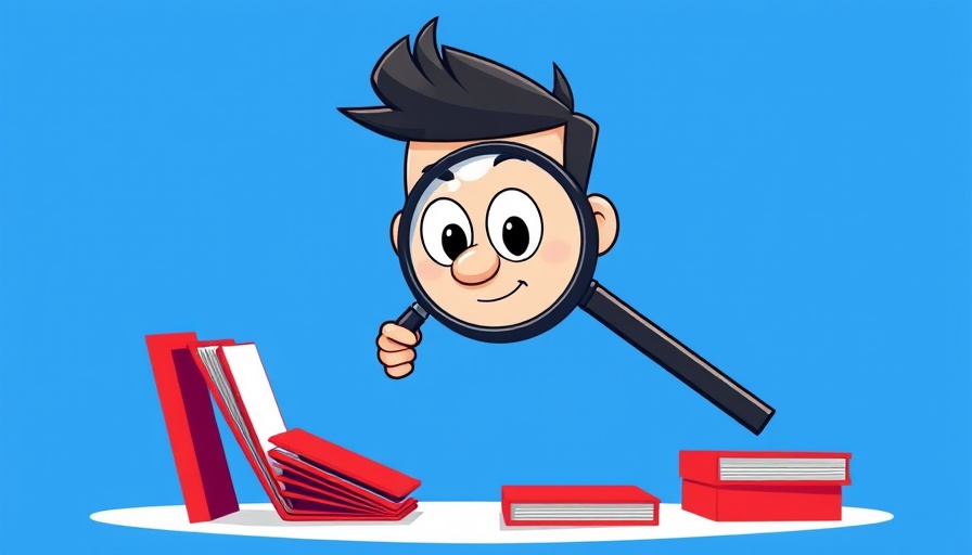 Cartoon character examining folders, AI systems classify text illustration.