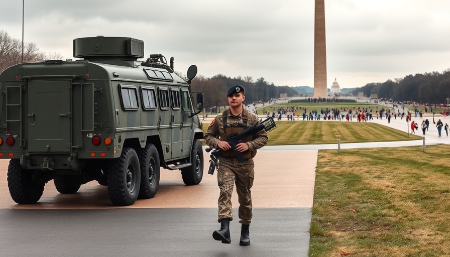 Troops deployed at National Mall with military vehicle and soldier.