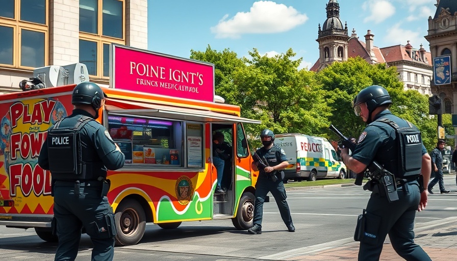 Police officers approaching a food truck in an urban setting.