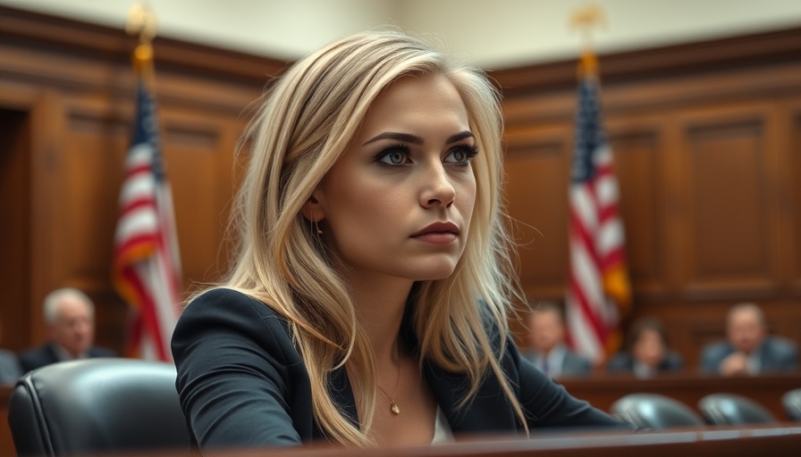 Blonde woman in courtroom setting under an American flag backdrop.