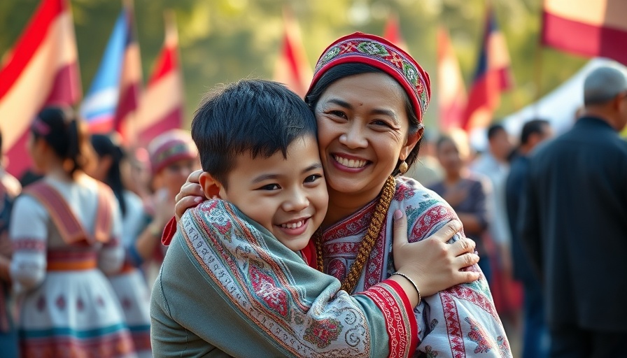 Mother and child in traditional attire at outdoor gathering.