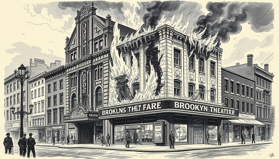 Historical engraving of Brooklyn Theater fire, flames engulfing facade.