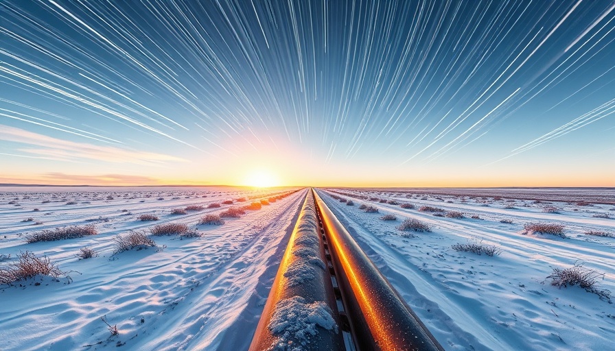 Long pipeline in snow at sunrise, star trails above.