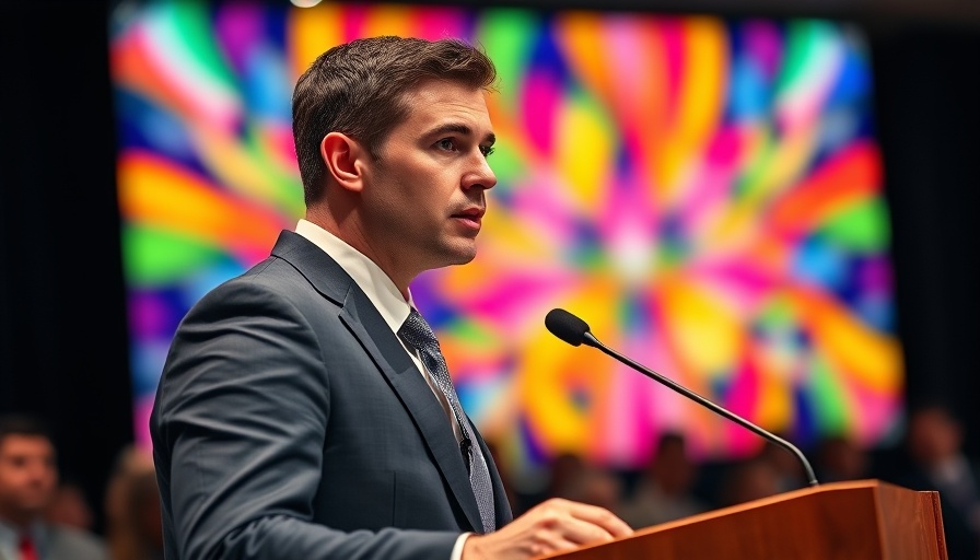 Person speaking at conference with colorful background