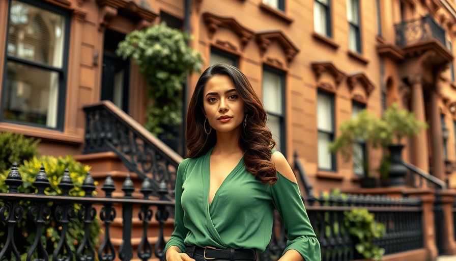 Elegant woman in green top outside brownstone, urban scene, And Just Like That series finale.