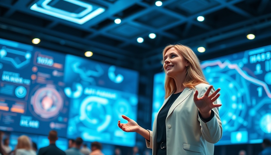 AI Assessment for Your Small Business: Woman passionately presenting AI at tech conference.