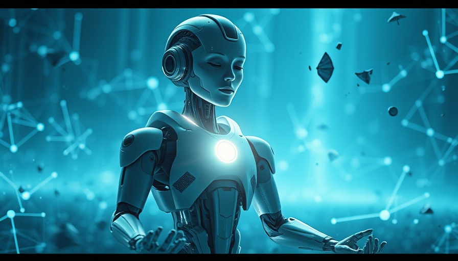 Humanoid robot meditating in digital landscape with glowing network.