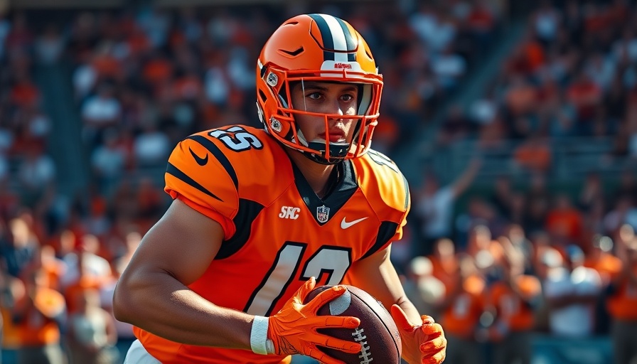 Focused athlete in orange jersey during a football game.