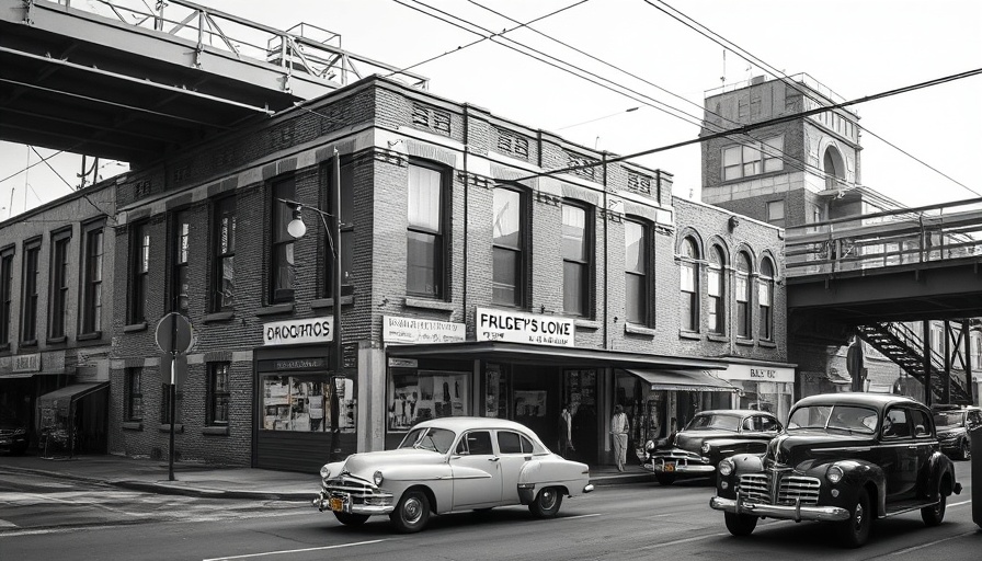 Historic East Village street scene with vintage cars and drugstore.