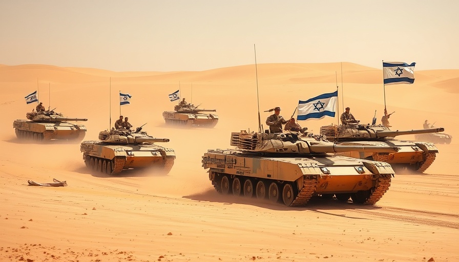 Israeli tanks and soldiers in sandy terrain.