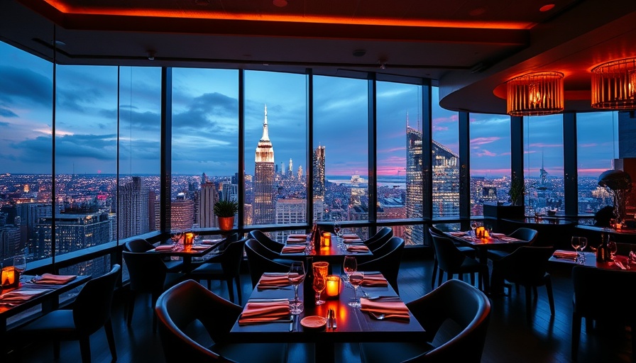 Elegant indoor rooftop restaurant NYC skyline view.