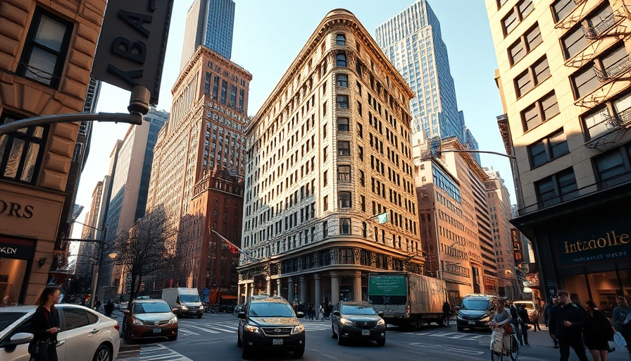 Flatiron Building NYC with bustling street scene.