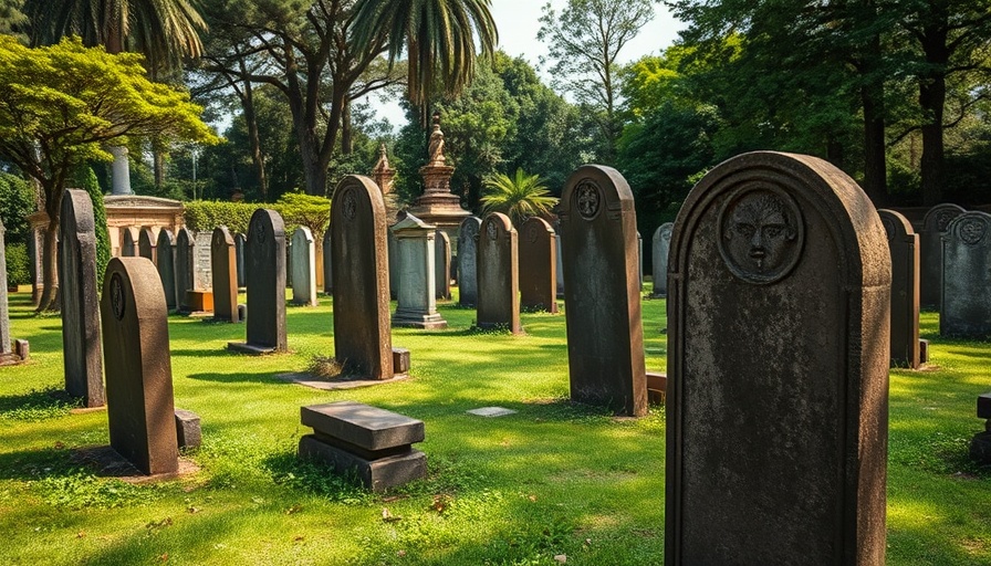 Ancient tombstones in old lower Manhattan cemetery with greenery