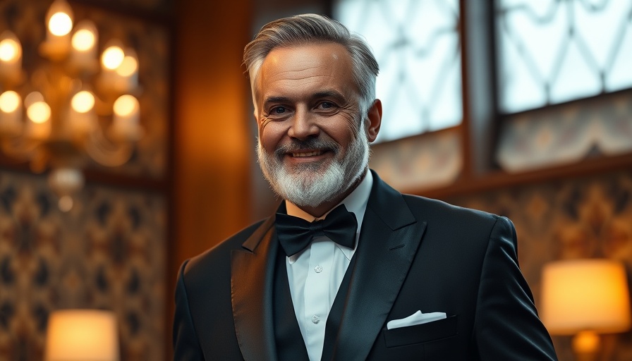 Middle-aged man in tuxedo smiling in warmly lit setting.