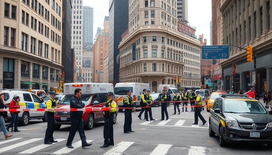 Police and bystanders at urban street scene after incident