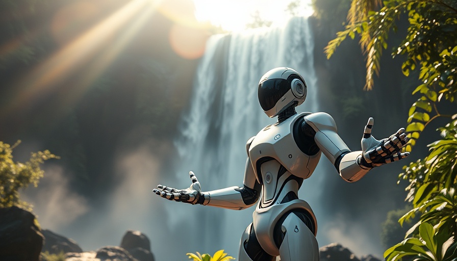 Futuristic robot posing near waterfalls, symbolizing AI tools in coding.